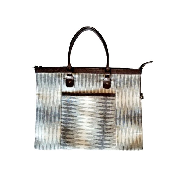 NOONDAY COLLECTION Bag Cotton Beige Brown Print Leather Trim Large Handbag Purse - Picture 1 of 10